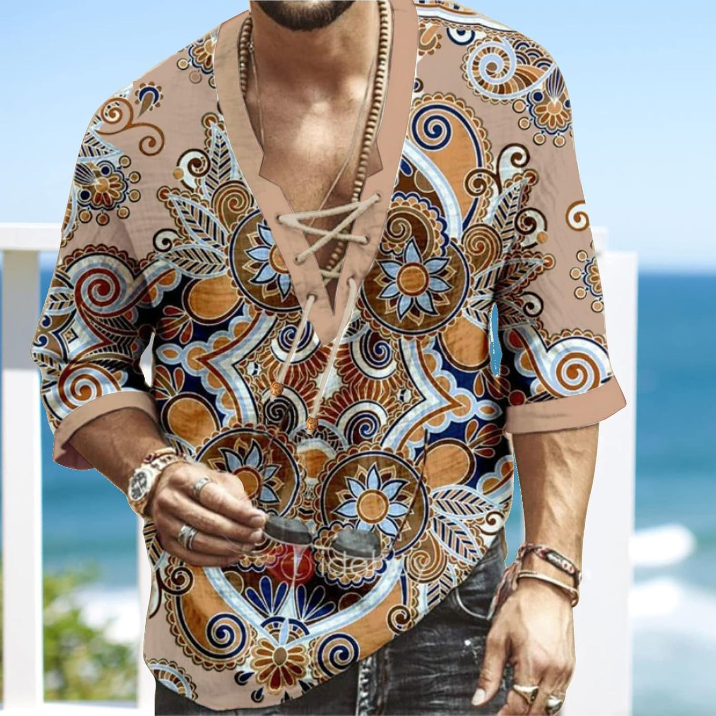 Mens Shirt Beach V-Neck Drawstring Paisley Print Short Sleeve Yoga African Summer Top Khaki