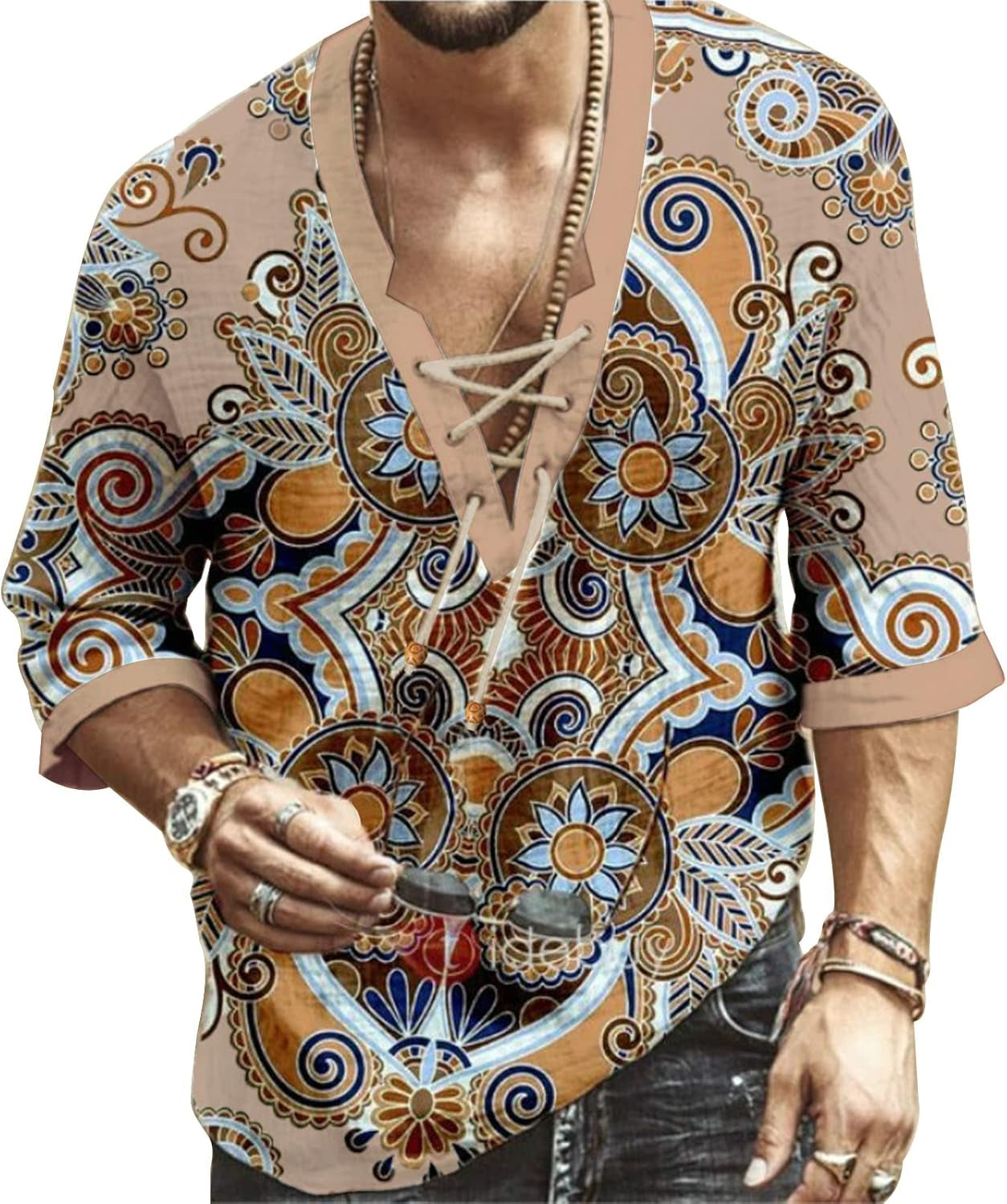 Mens Shirt Beach V-Neck Drawstring Paisley Print Short Sleeve Yoga African Summer Top Khaki