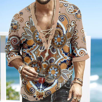 Mens Shirt Beach V-Neck Drawstring Paisley Print Short Sleeve Yoga African Summer Top Khaki