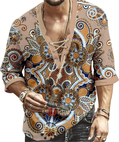 Mens Shirt Beach V-Neck Drawstring Paisley Print Short Sleeve Yoga African Summer Top Khaki