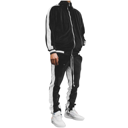 Men'S Two Piece Sweatsuits Clearance Striped Soft Golden Velvet Tracksuit for Men Casual Long Sleeve Zip up Jacket Sport Jogger Sweatpant Set Lightweight Outfit Set Black XXXL